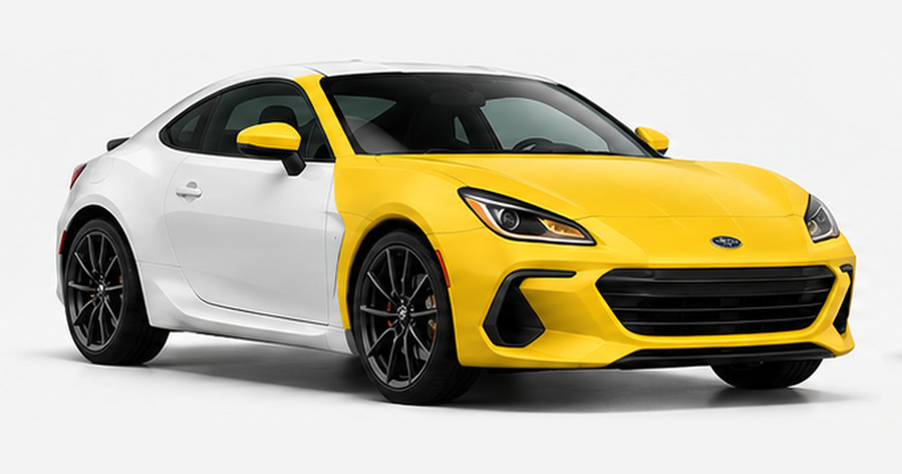 A car with the hood, front bumper, fenders, headlights and mirror caps shown in colour: the panels the front-end package covers